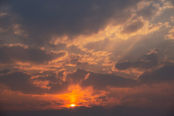 Dramatic stormy sky sunset. Natural atmospheric background.