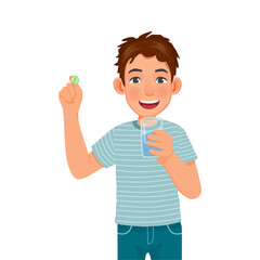 handsome young man holding pills on his hand ready taking medicine with a glass of water