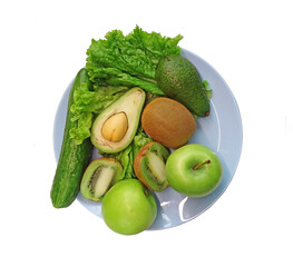 Top view of fresh vegetables and fruit green color