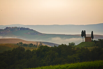 Fototapeta Chianti, Toscana. Paesaggio all'alba, colline tra la nebbia obraz