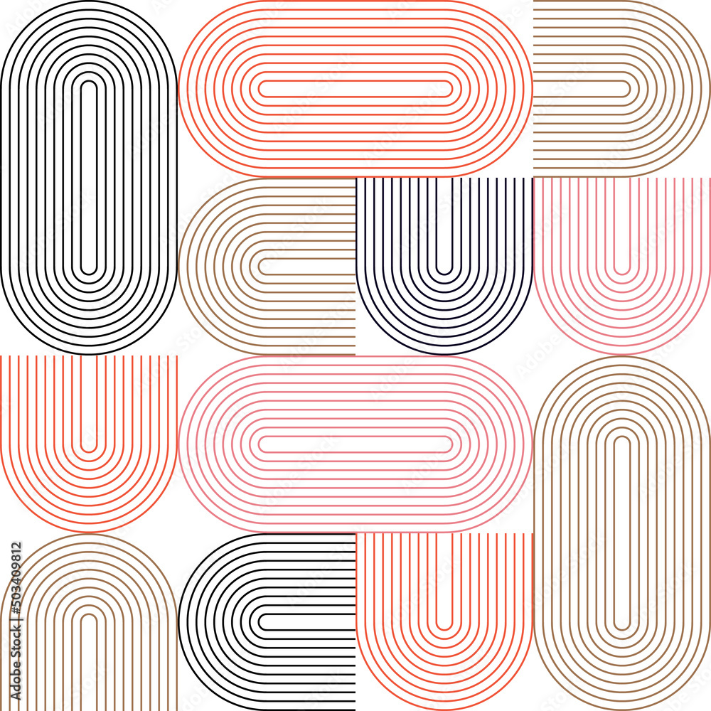 Poster Modern vector abstract seamless geometric pattern with semicircles and circles in retro  style. Pastel colored lines on white background. Minimalist illustration in Bauhaus style with simple shapes.