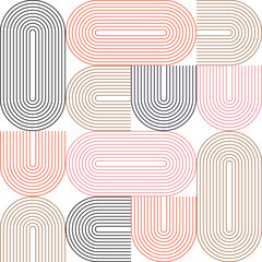 Modern vector abstract seamless geometric pattern with semicircles and circles in retro  style. Pastel colored lines on white background. Minimalist illustration in Bauhaus style with simple shapes.