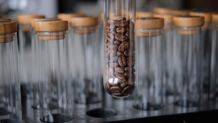 Glass tubes with cortical stoppers arranged in rows in a black tripod are shown. One vial of black coffee beans was removed from a black tripod and displayed. Coffee from real baristas.