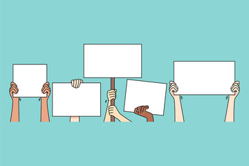 Hand of people holding banners on protest or demonstration. Activists with signs fight for equality and freedom. Mockup empty copy space. Protesters on streets. Vector illustration. - obrazy, fototapety, plakaty