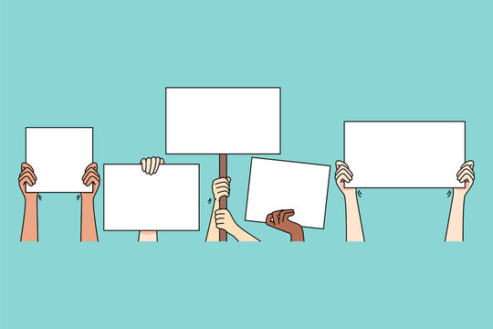 Hand of people holding banners on protest or demonstration. Activists with signs fight for equality and freedom. Mockup empty copy space. Protesters on streets. Vector illustration.