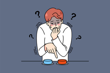 Distressed young man choose button to press feel confused and anxious. Stressed guy make choice between two options. Dilemma and alternative. Decision-making. Vector illustration. 