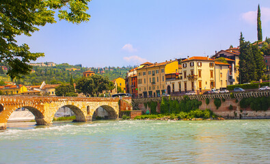 Fototapeta na wymiar Peter bridge across Adige river in Verona, Italy