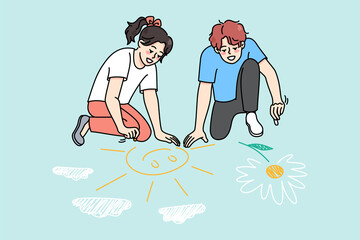 Happy teen kids have fun drawing on asphalt colorful pictures with chalk. Smiling funny little children relax play together outdoors. Joyful childhood. Flat vector illustration. 