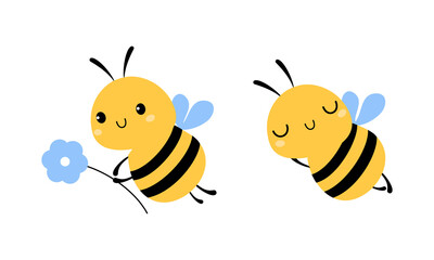 Cute Little Honey Bee with Wings and Black Stripes Flying with Flower Vector Set
