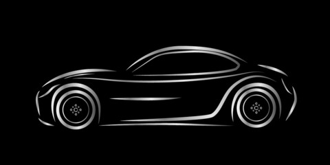 Sports car logo. Side view of supercar. Race car on black background.