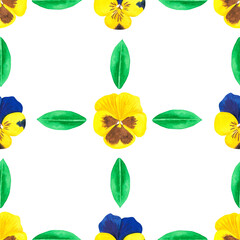 Seamless violet pattern. Yellow pansies. Watercolor illustration. Isolated on a white background.