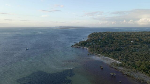 View Of Amity Point Camping Beach And Jetty From Moreton Bay In North Straddie, Queensland, Australia. wide aerial