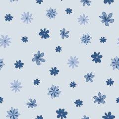 Fototapeta na wymiar Blue doodle floral seamless pattern with pastel cute flowers. Repeat background for fabric, wrapping, invitations, card, scrapbooking or wallpaper.