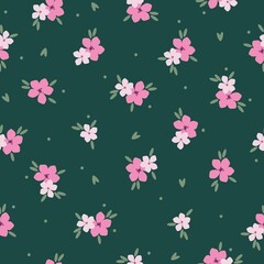Seamless vintage pattern. pink flowers, light green leaves. Dark green background. vector texture. fashionable print for textiles, wallpaper and packaging.