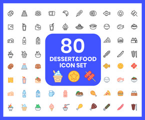 Fototapeta na wymiar Collection of Dessert and sweet food linear icons and color icons. Milk, yogurt, cheese, pretzels, fish-shaped buns. Set of Meals and snacks symbols drawn with thin contour lines.