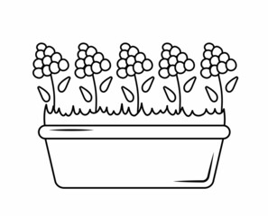 Pot with flowers  hand-drawn. Vector contour icon in doodle style, isolated on a white background. House flower, cozy home, decoration, gift. Idea for coloring book, app, banner, advertising poster