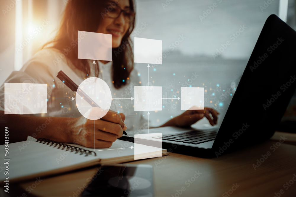 Poster businesswoman analyzing business process strategies and automated workflows.