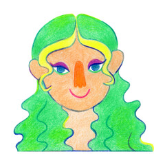 Portrait of a smiling cute girl with long light green curly hair. The face of a young woman with a cool painted face. A hand-drawn illustration in the style of doodles with colored pencils. Isolated.