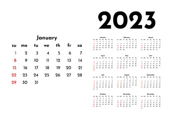 Calendar for 2023 isolated on a white background