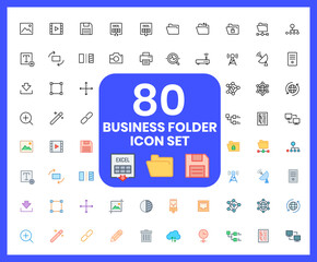 Collection of edit tool and data linear icons and color icons. Set of accelerators, offices, downloads, documents symbols drawn with thin contour lines. Vector illustration.