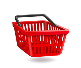 Red shopping basket floating on the air and oject on white background for shopping advertising design,vector 3d virtual isolated for shopping 
promotion sale concept design