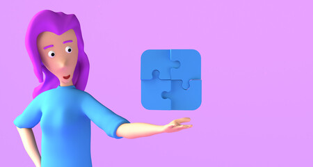 Young woman showing with her hand a puzzle pieces fitted together. Objective achieved. 3D illustration. Copy space.