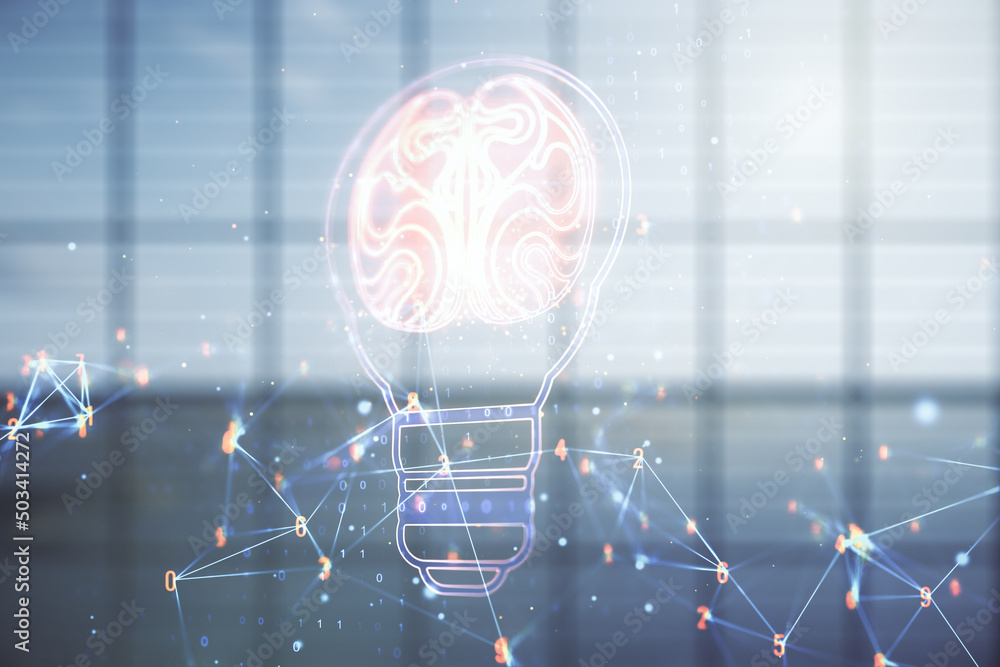 Poster abstract virtual creative light bulb with human brain hologram on empty classroom background, artifi