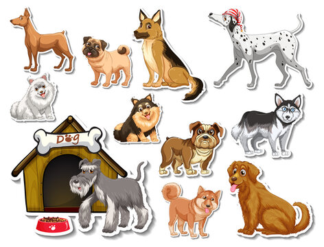 Sticker set of different dogs cartoon
