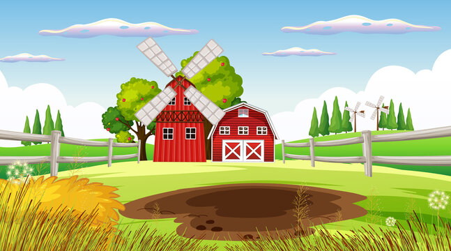 Farm background with barn and windmill