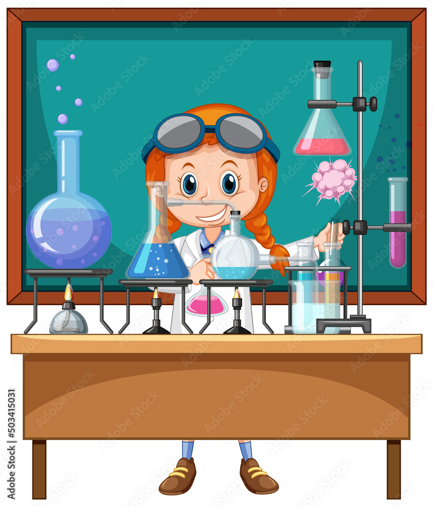 Wall mural classroom scene with scientist doing experiment