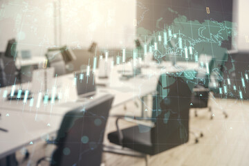 Multi exposure of virtual abstract financial chart hologram and world map on modern corporate office background, research and analytics concept