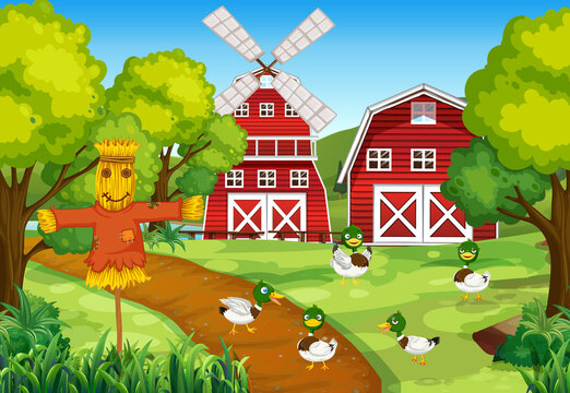 Farm scene with ducks and scarecrow