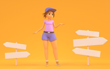 Pensive girl tourist stand on crossroad with direction signs. Cartoon illustration of cute young woman traveler choose way near road posts with arrows. Hiking, summer travel journey, 3d render