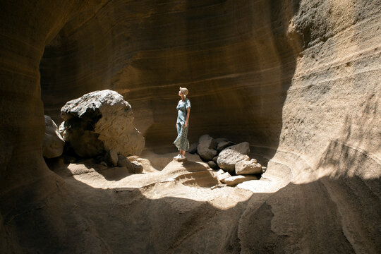 Tourist on vacation at Grand Canary, Barranco De Las Vacas, Spain
