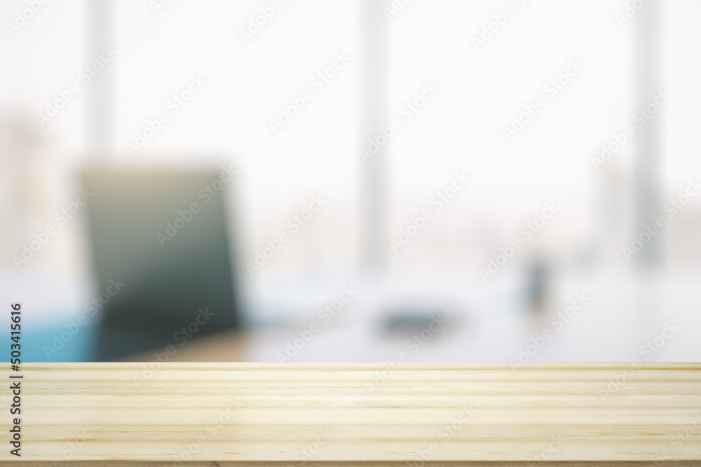 Poster empty office wooden table with empty space on modern workplace with computer background, closeup, mo