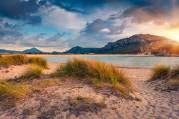 Spectacular summer view of empty Voidokilia beach. Marvelous sunset on the Ionian Sea, Pilos town...