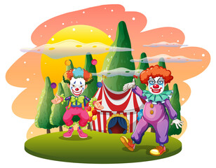 Obraz na płótnie Canvas Isolated outdoor scene with clown cartoon characters