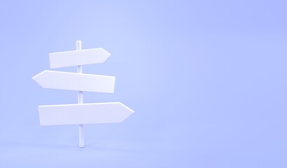 White direction sign on pastel blue background. Road post with arrows, signpost pointing on paths fork, crossroad with pointers. Choice of way concept and making decision. Minimal design, 3d render