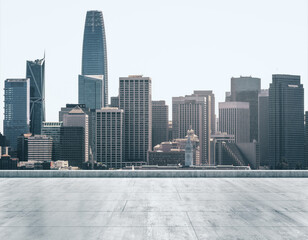 Empty concrete dirty rooftop on the background of a beautiful San Francisco city skyline at daytime, mockup