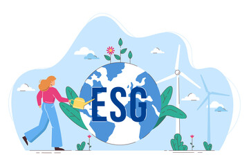 Flat ESG concept of environmental and sustainability in business. Woman watering globe with flowers, saving Earth. Girl care of planet and nature. Environment, ecology and nature protection.