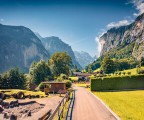 Captivating summer view of Lauterbrunnen village. Attractive outdoor scene in Swiss Alps, Bernese...