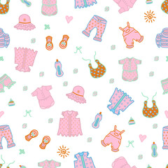 Baby related seamless pattern in pink colors. Vector isolated cartoon illustration