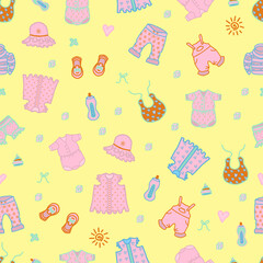Baby related seamless pattern in pink colors. Vector isolated cartoon illustration