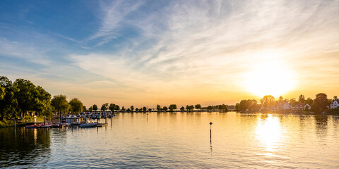 Germany, Bavaria, Lindau, Panoramic view of Kleiner See lake at sunset
