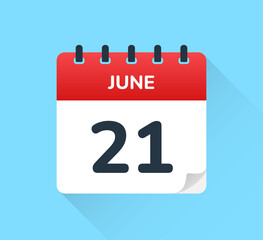June 21, vector flat design of daily calendar icon. Date and day of the year.