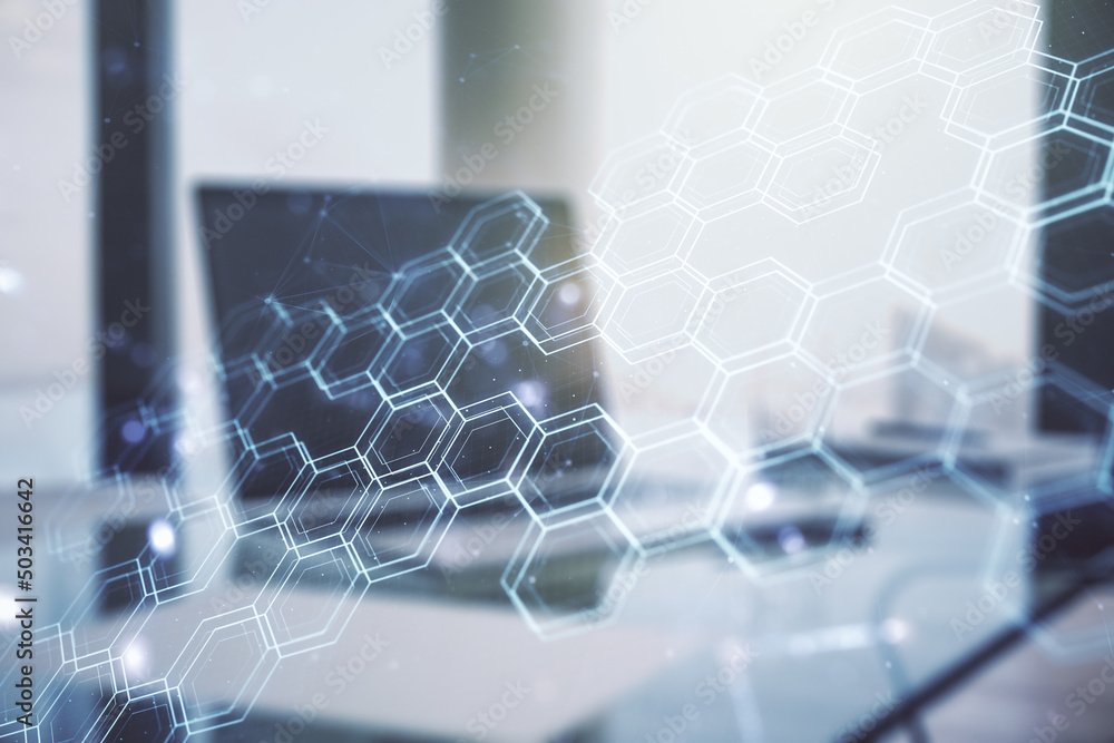 Aufkleber creative abstract wireless technology hologram with hexagon on modern computer background, artificia