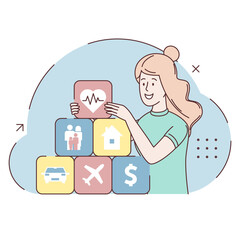 Young woman care about life values. Insurance and Assurance. Life, property, car, health, family, travel, home, insurance concept. Family protection care. Flat design. Business illustration. Vector