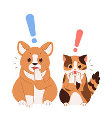 A dog and a cat with a surprised expression. big exclamation mark. Cute pet concept illustration.