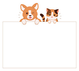 Cute dog and cat are holding white blank paper for text. Pet notice banner concept vector illustration.