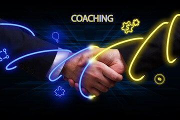 Business, technology, internet and network concept. Young businessman thinks over the steps for successful growth: Coaching